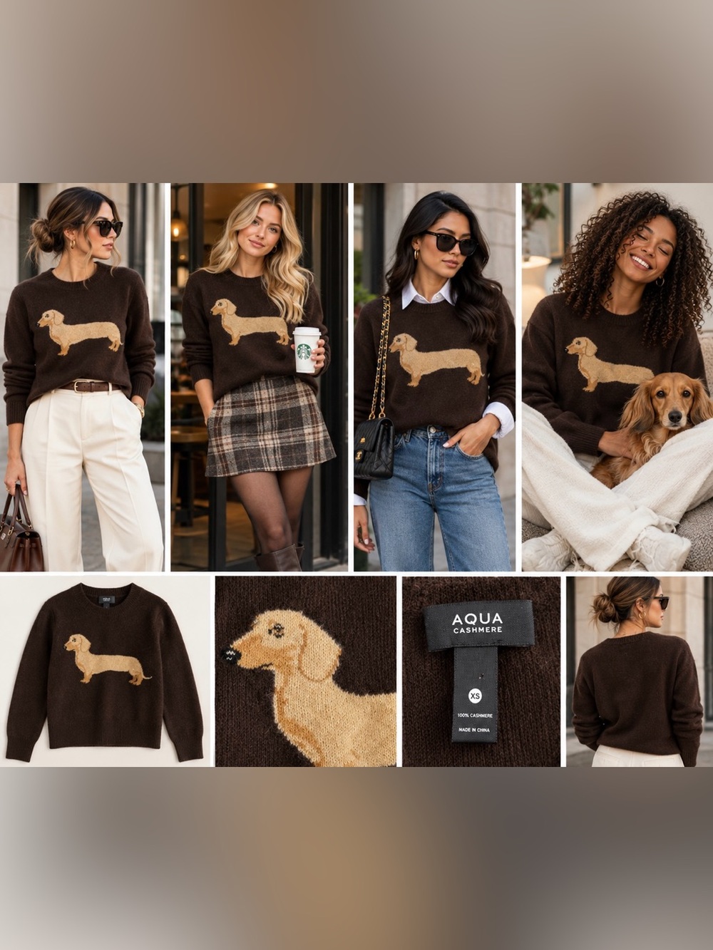 Aqua Brown Cashmere Crewneck Sweater with Tan Dachshund Intarsia